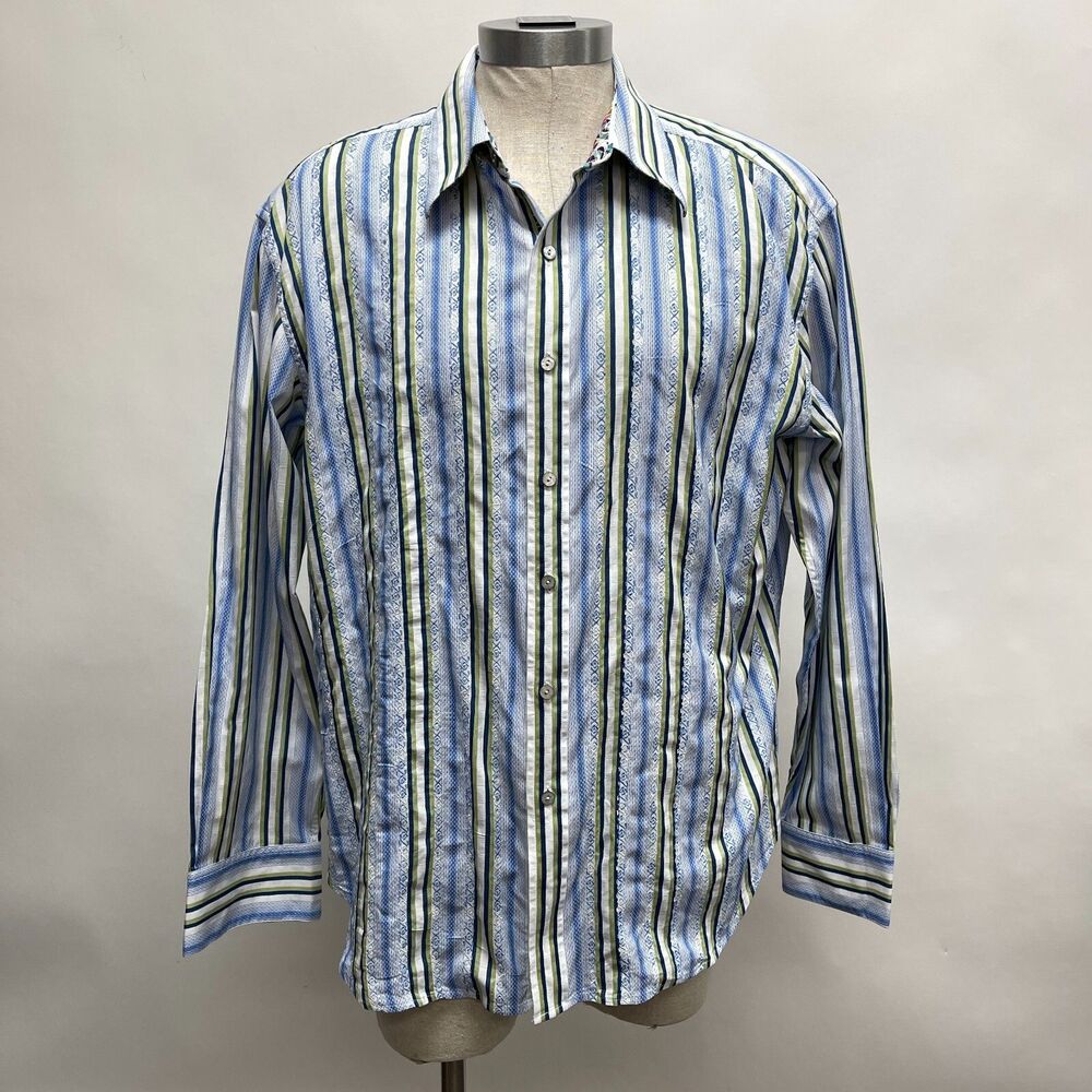 Robert Graham Men's Dress Shirt Size 2XL Striped White Blue Green